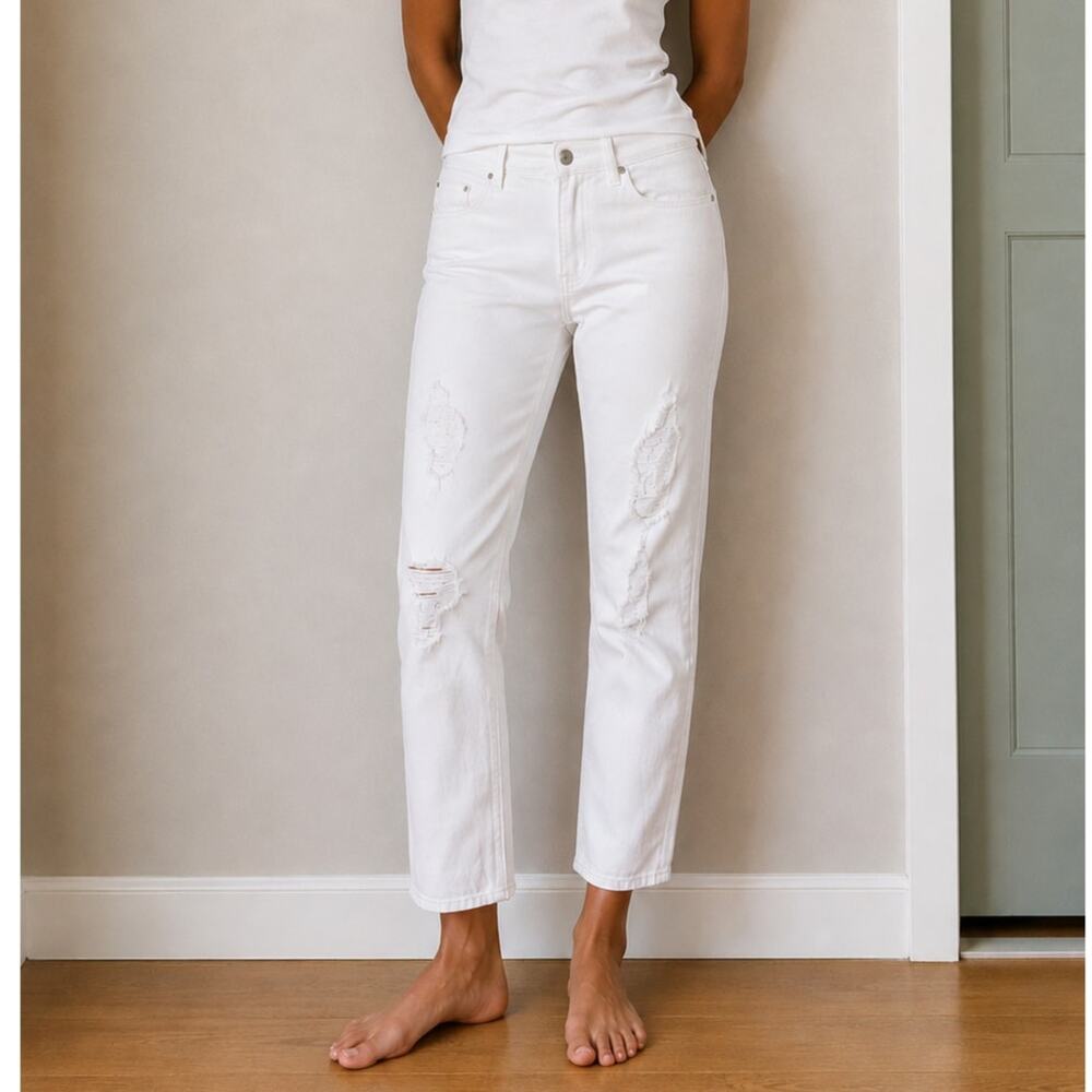 Frame Denim Le Garçon Distressed White Ankle Cropped Jeans Slim Straight Size 29